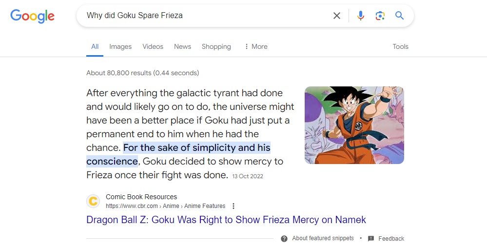 Featured Snippets: Why did Goku Spare Frieza